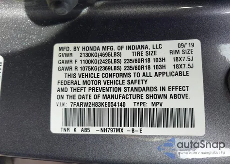 2019 Honda Cr-V Ex-L from USA, damaged, VIN 7FARW2H83KE054140
